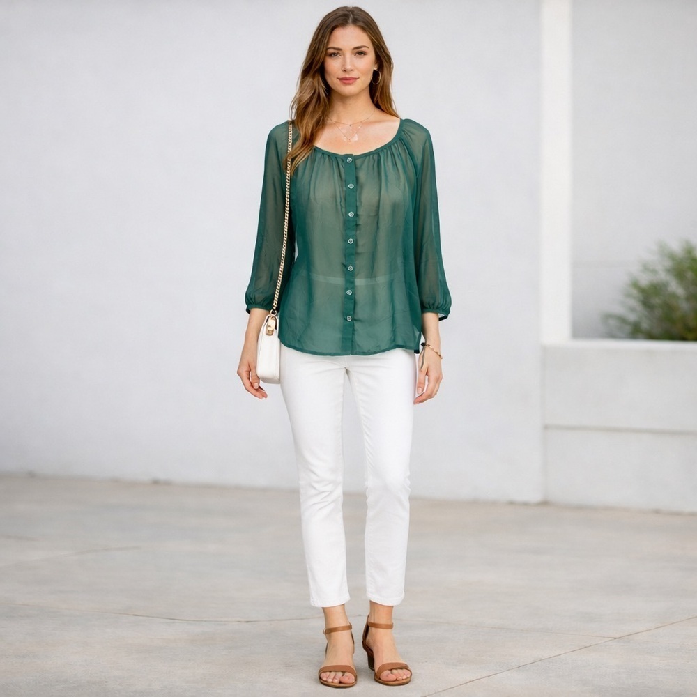 H&M Emory Green Light Weight Sheer Button Front Long Sleeve Blouse Top Size 2